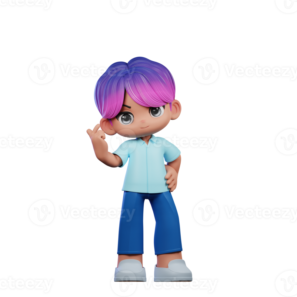 3d Cartoon Character with a Purple Hair and Blue Pants Giving Love Sign Pose png