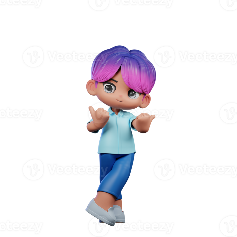 3d Cartoon Character with a Purple Hair and Blue Pants Pointing at Side Pose png