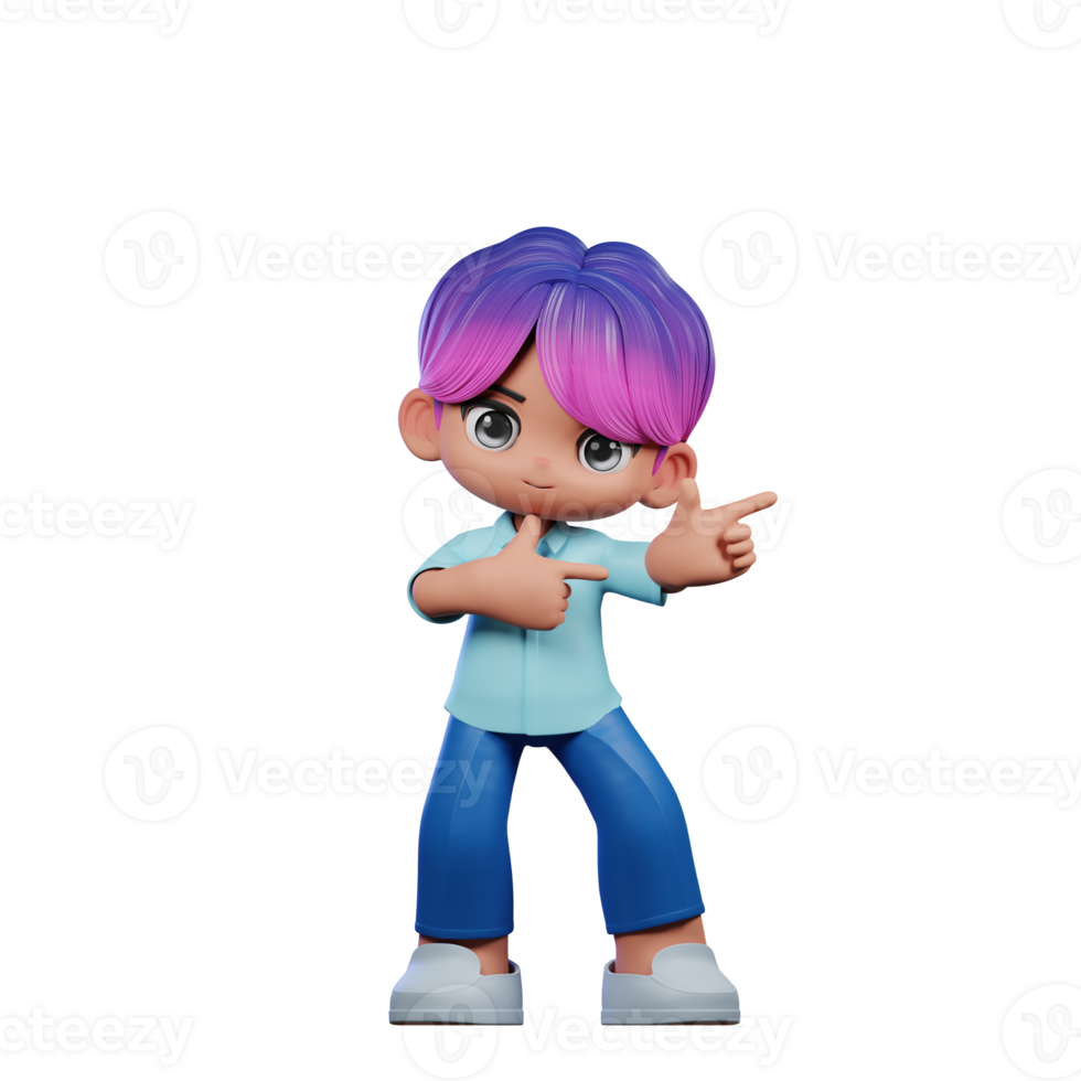 3d Cartoon Character with a Purple Hair and Blue Pants Pointing Left Pose png