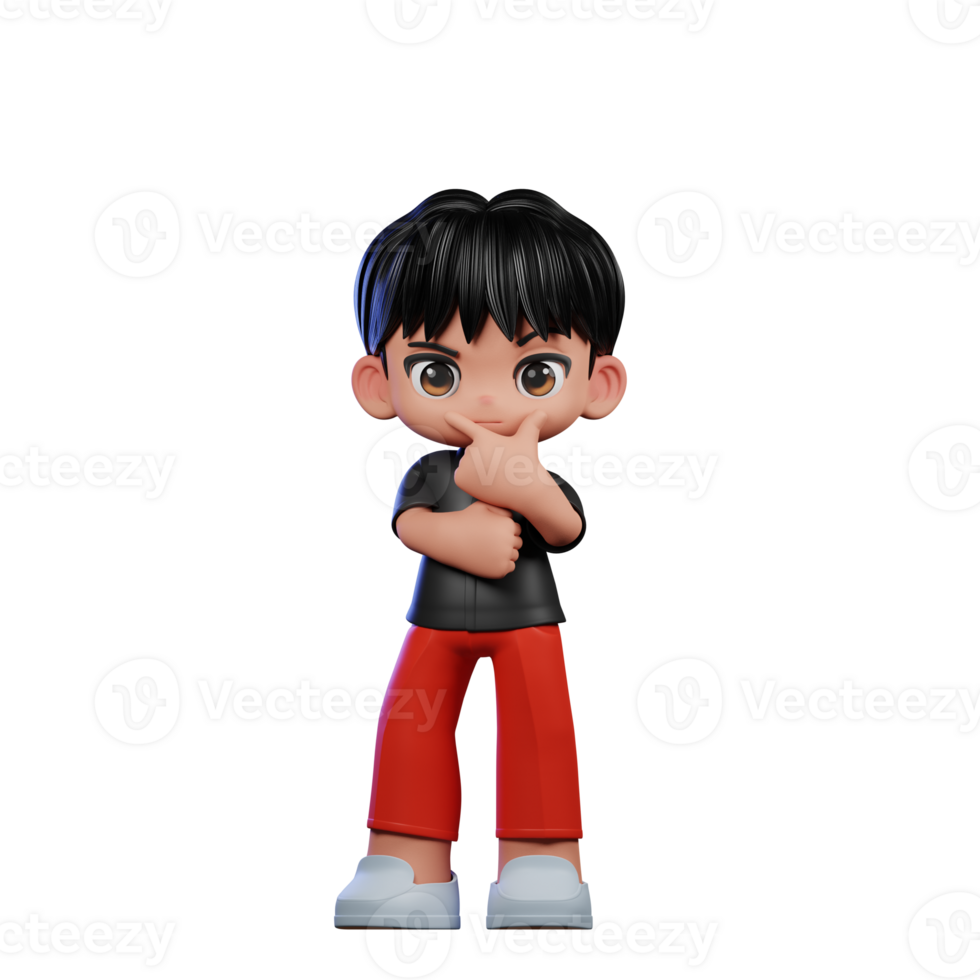 3d Cartoon Character with a Black Shirt and Red Pants Doing Curious Pose png