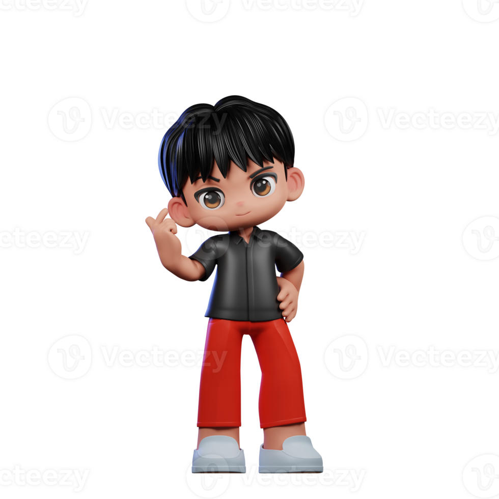 3d Cartoon Character with a Black Shirt and Red Pants Giving Love Sign Pose png