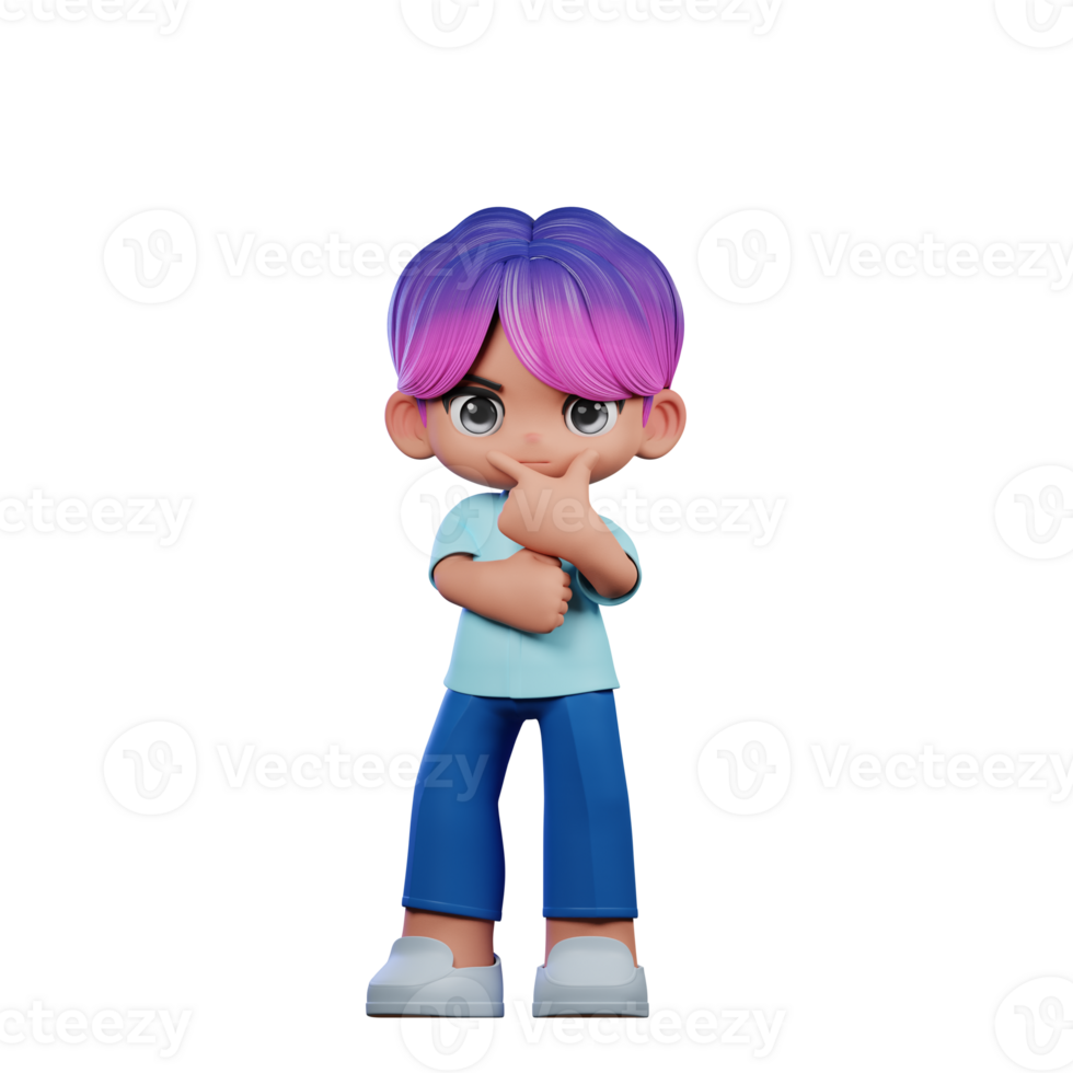 3d Cartoon Character with a Purple Hair and Blue Pants Doing Curious Pose png