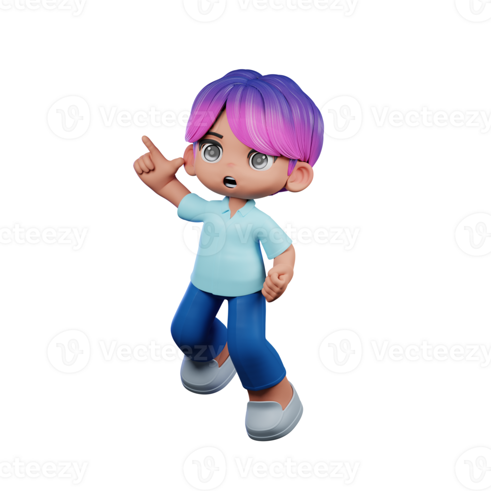 3d Cartoon Character with a Purple Hair and Blue Pants Doing Happy Jumping Pose png