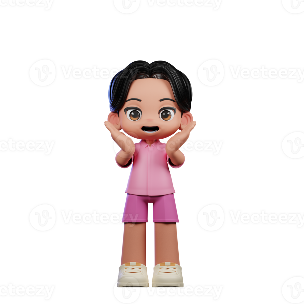 3d Cartoon Character in Pink Clothes Surprise Reacting Happily Pose png