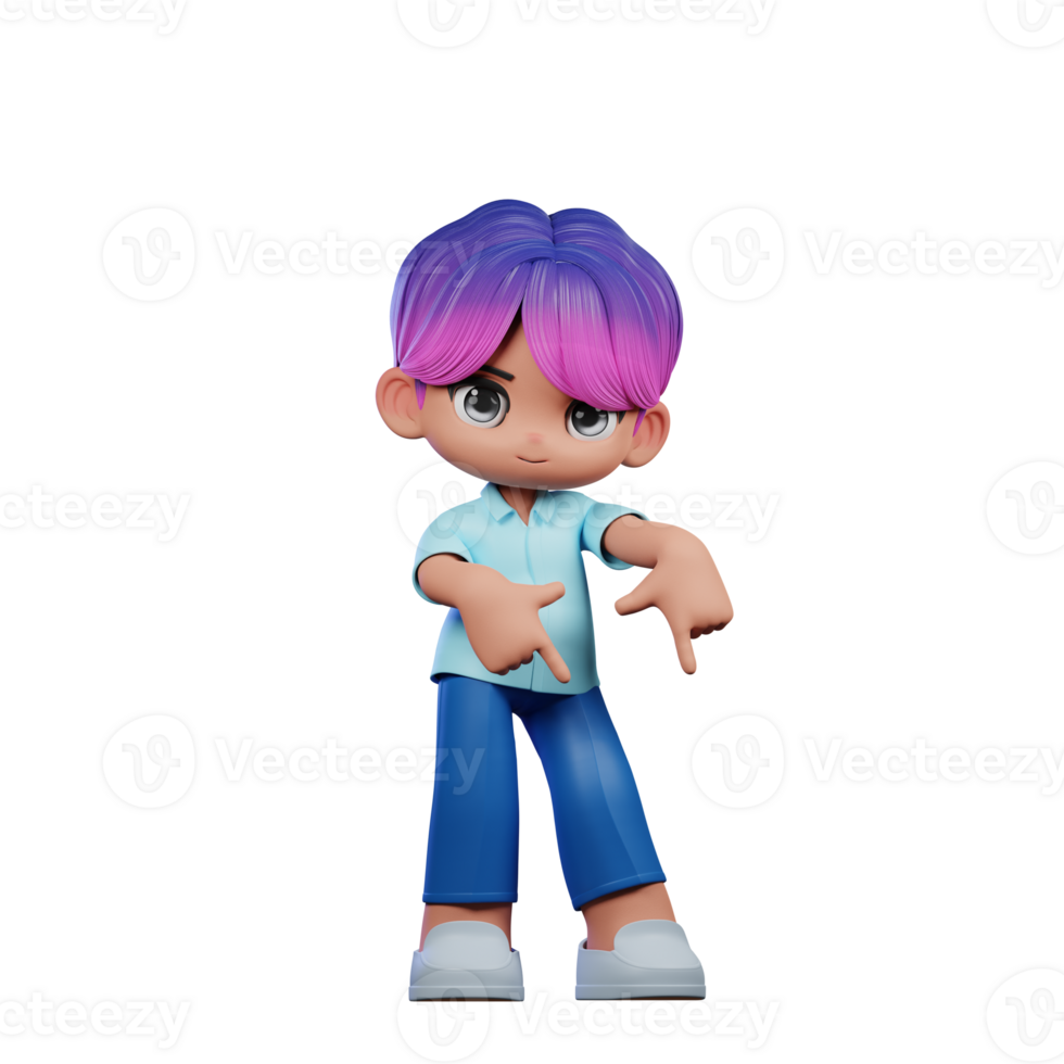 3d Cartoon Character with a Purple Hair and Blue Pants Pointing Down Pose png