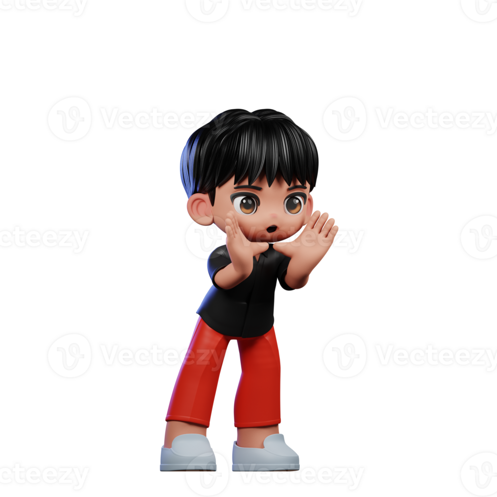 3d Cartoon Character with a Black Shirt and Red Pants Shouting Pose png