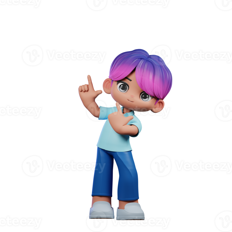 3d Cartoon Character with a Purple Hair and Blue Pants Pointing Up Pose png