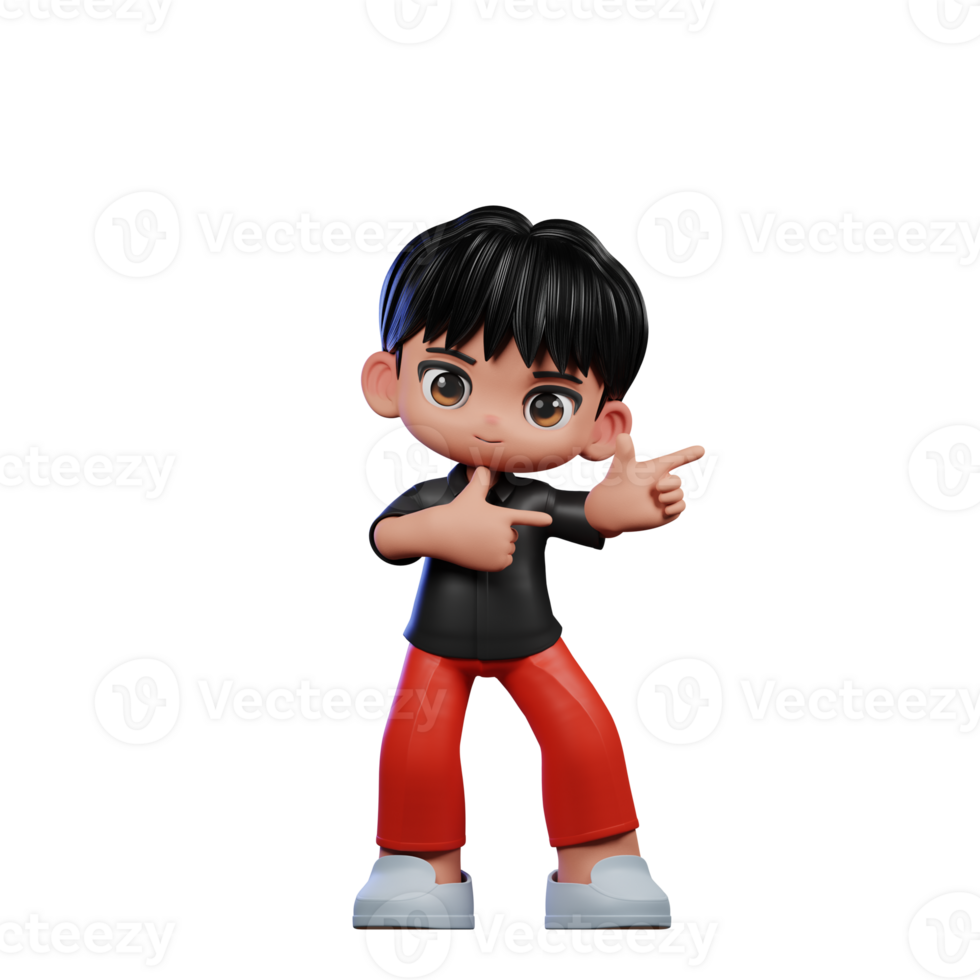 3d Cartoon Character with a Black Shirt and Red Pants Pointing Left Pose png