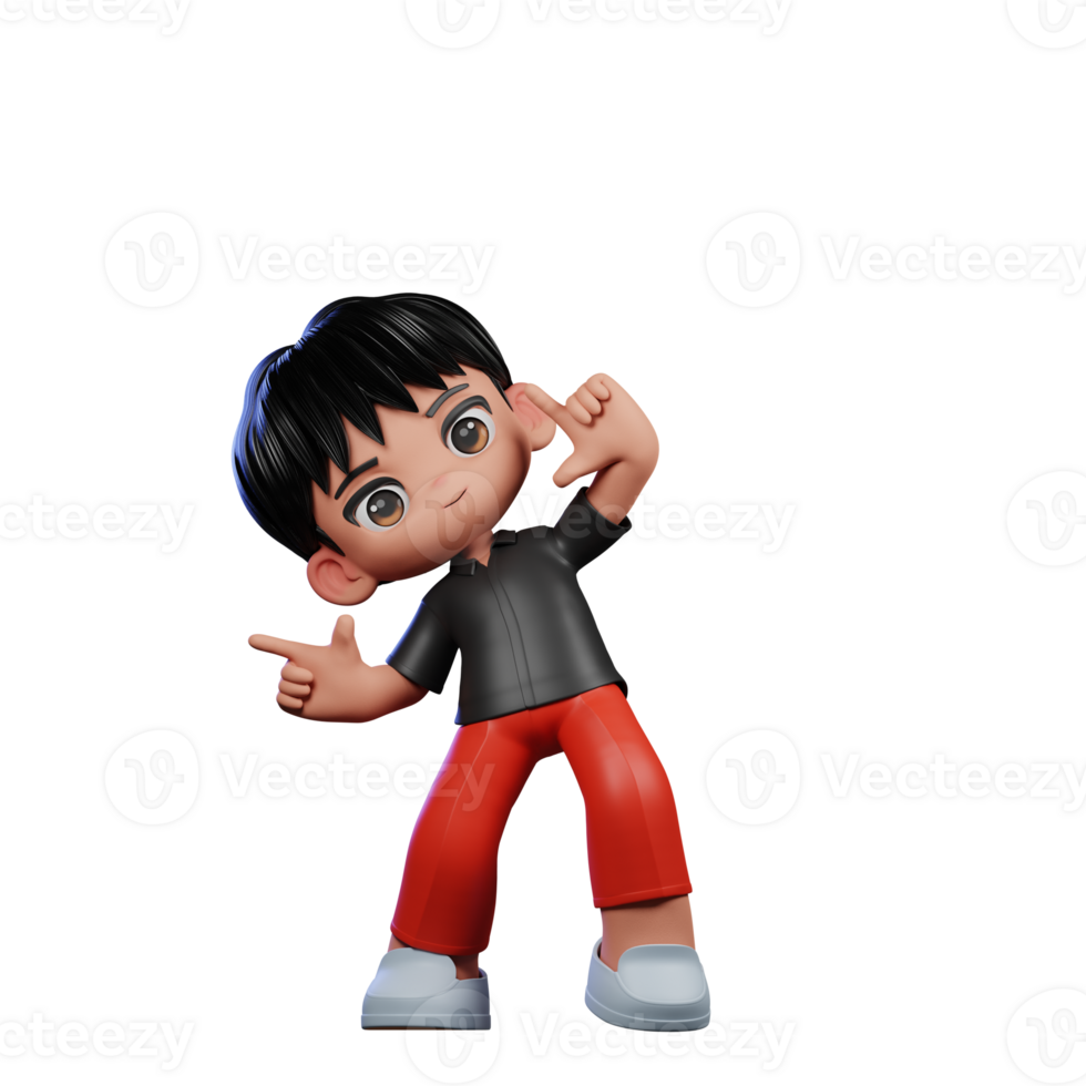 3d Cartoon Character with a Black Shirt and Red Pants Pointing Right Pose png