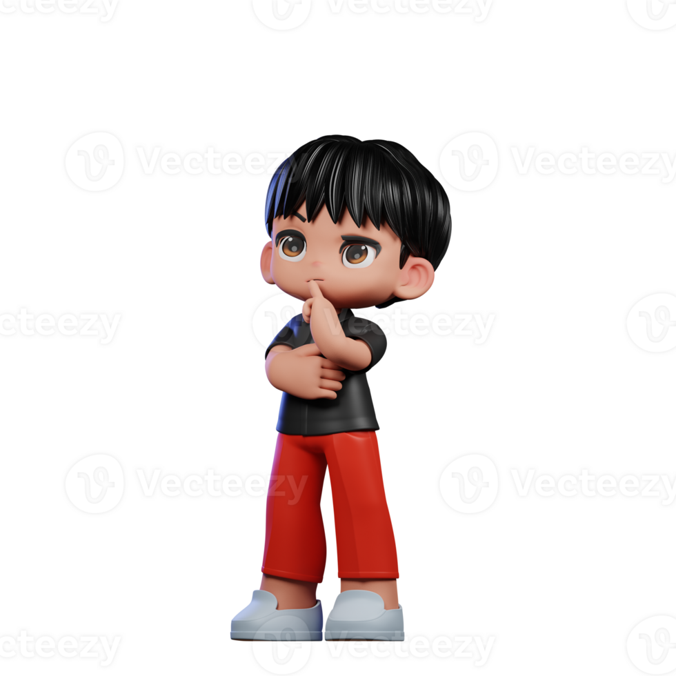3d Cartoon Character with a Black Shirt and Red Pants Thinking Deeply Pose png
