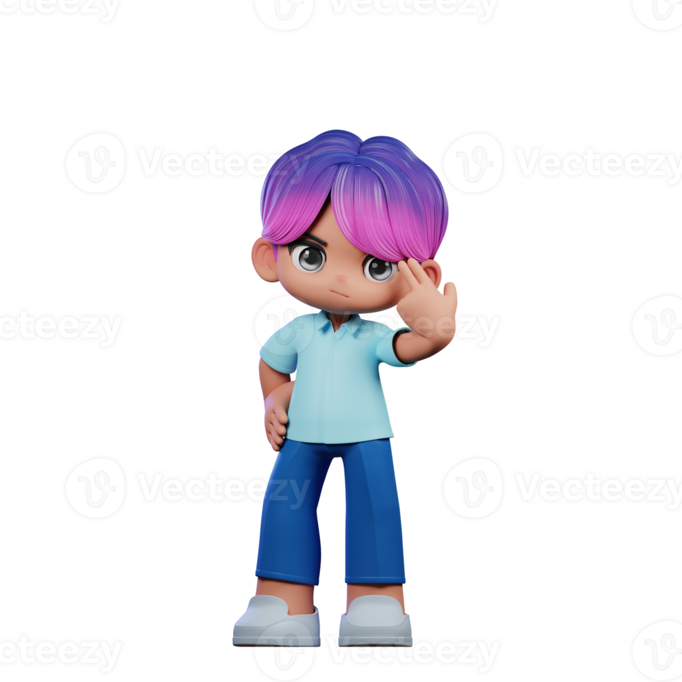 3d Cartoon Character with a Purple Hair and Blue Pants Pointing at Him Pose png