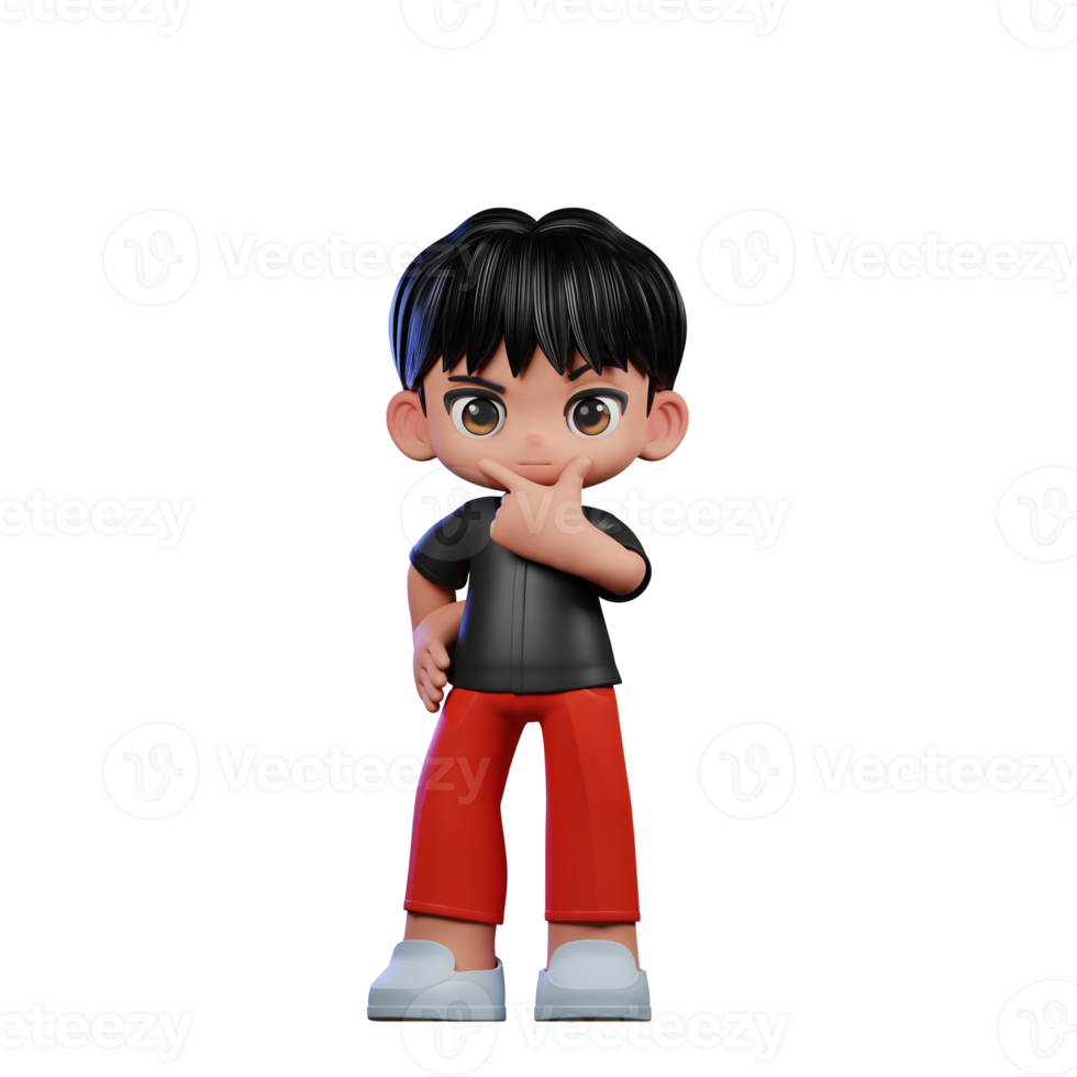 3d Cartoon Character with a Black Shirt and Red Pants Curious Pose png