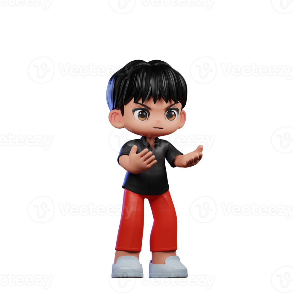 3d Cartoon Character with a Black Shirt and Red Pants Angry Pose png
