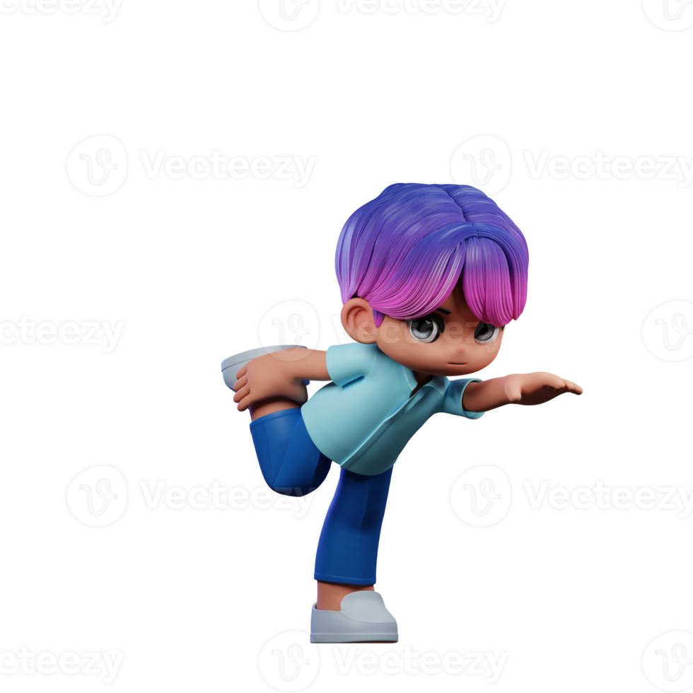 3d dessin animé personnage avec une violet cheveux et bleu un pantalon permanent un jambe pose png