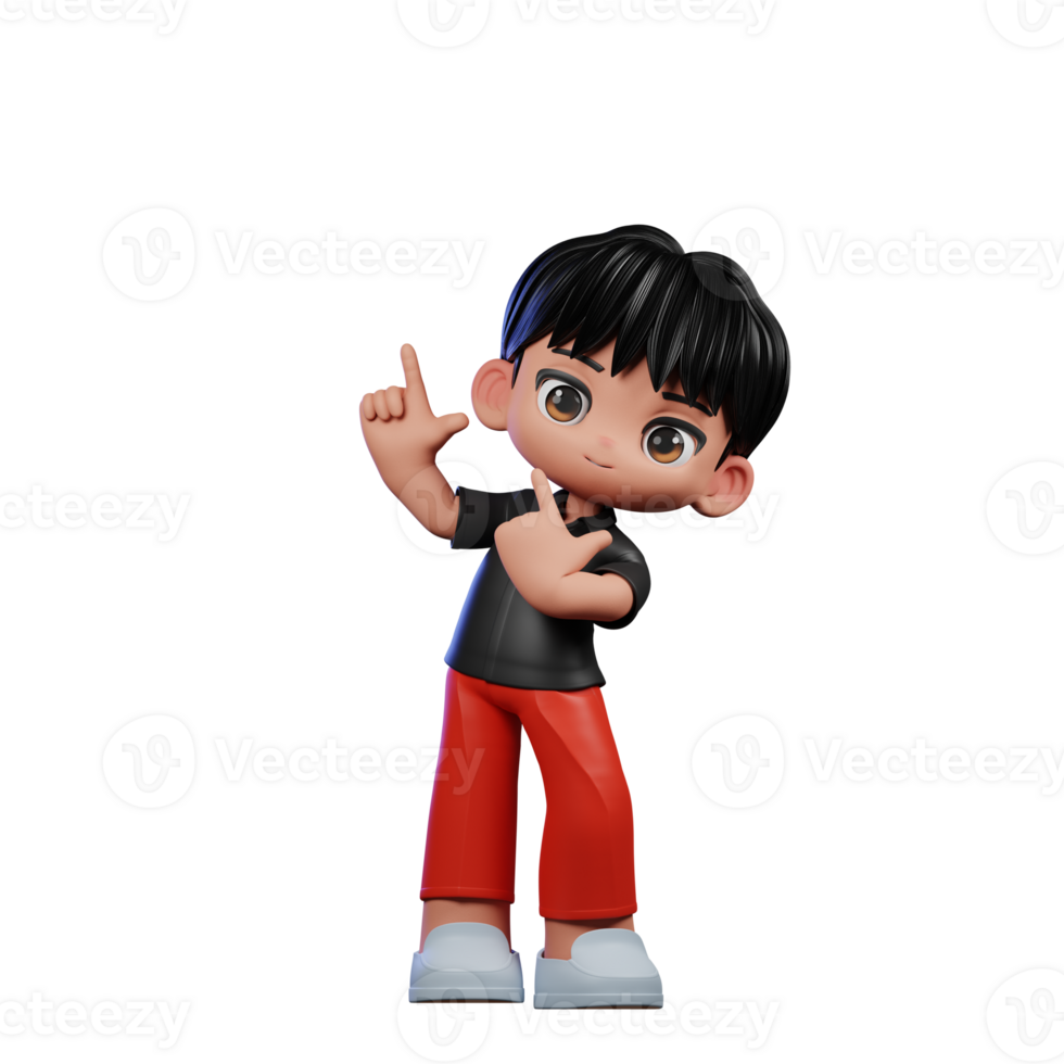 3d Cartoon Character with a Black Shirt and Red Pants Pointing Up Pose png