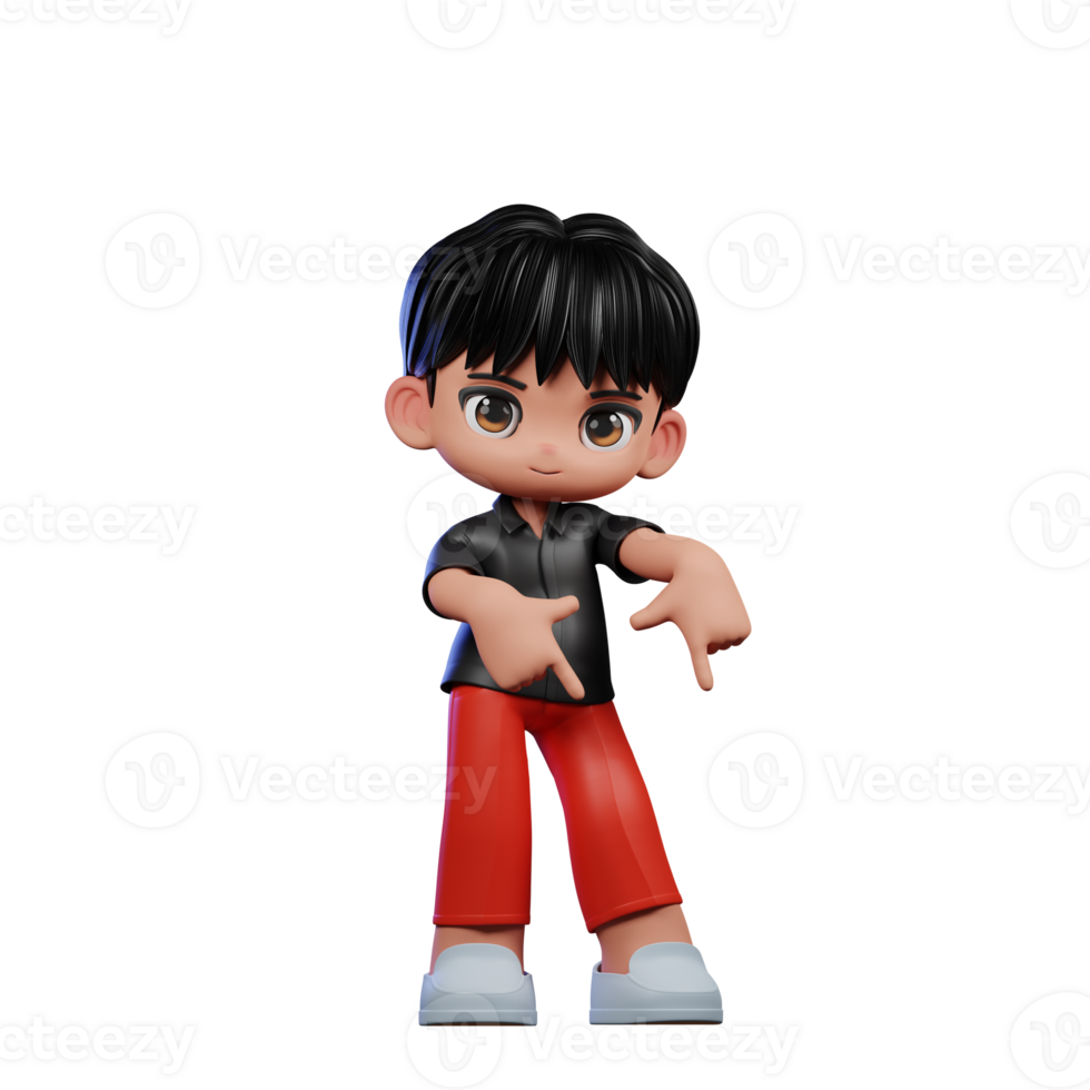 3d Cartoon Character with a Black Shirt and Red Pants Pointing Down Pose png