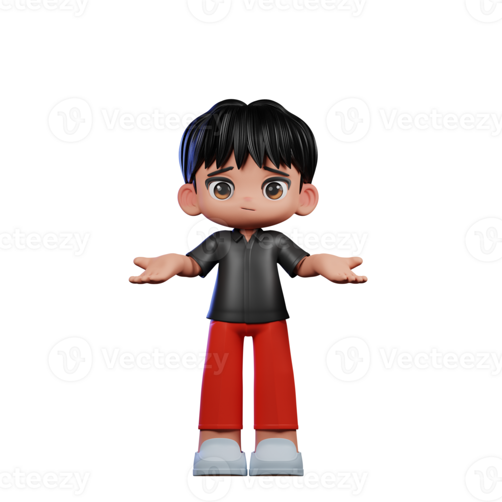 3d Cartoon Character with a Black Shirt and Red Pants Doing No Idea Pose png
