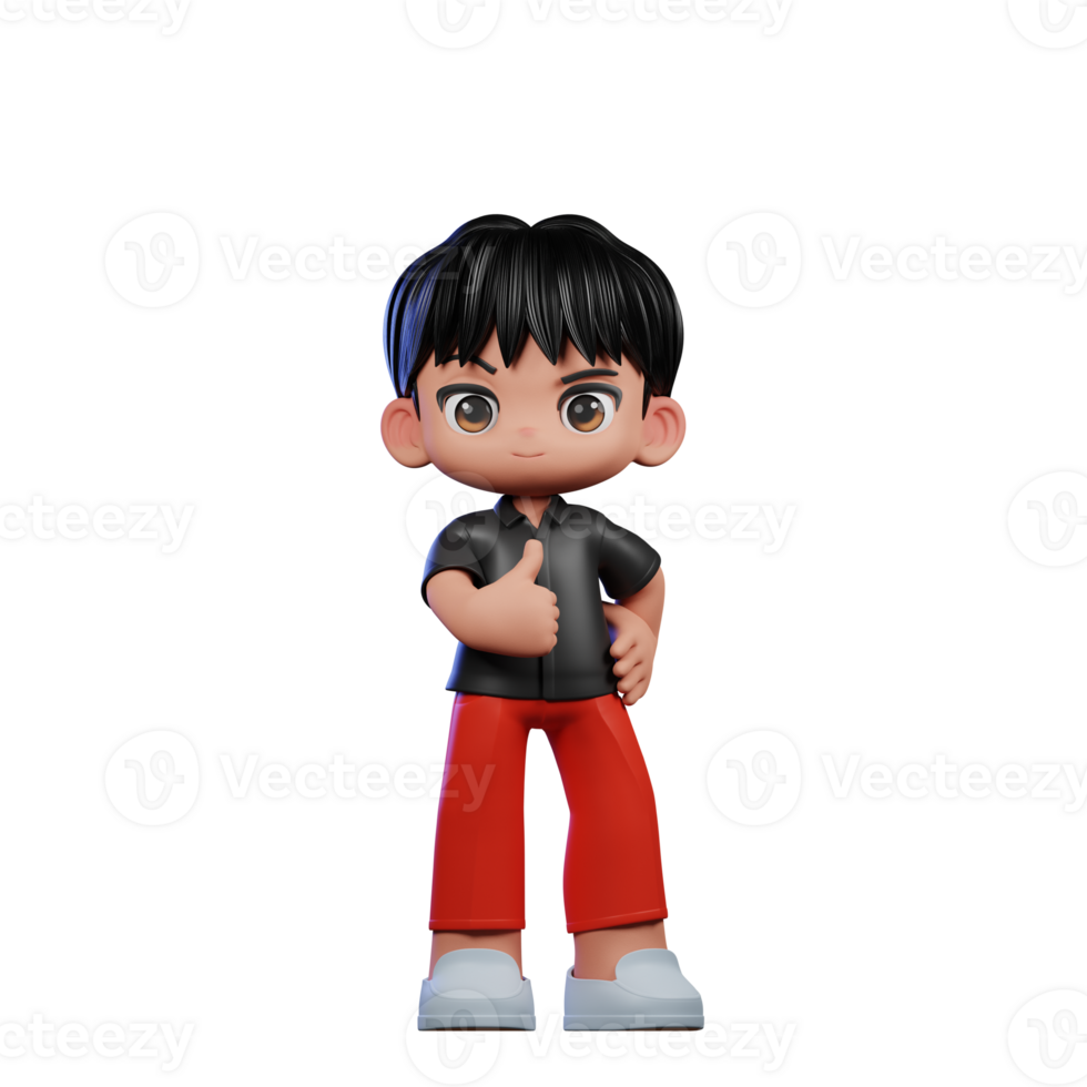3d Cartoon Character with a Black Shirt and Red Pants Showing Thumbs Up Pose png