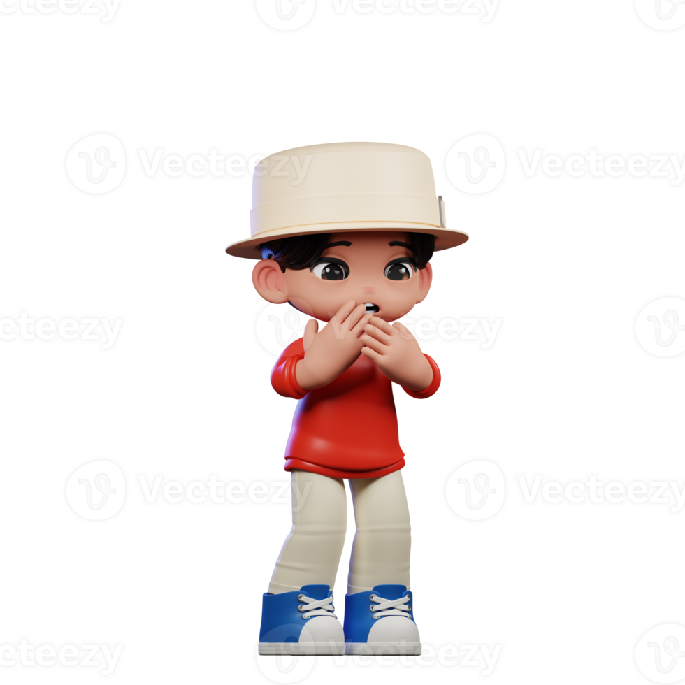 3d Cartoon Character with a Hat and Red Shirt Afraid Pose png
