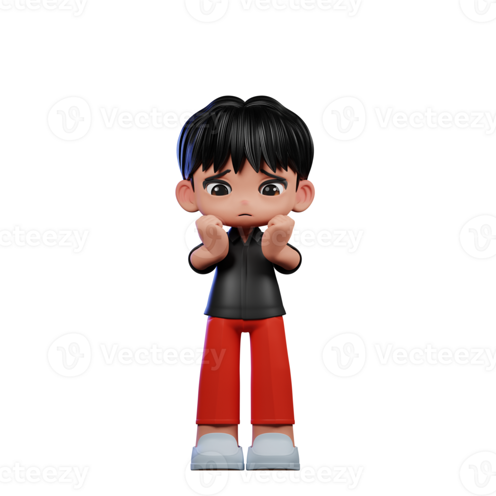 3d Cartoon Character with a Black Shirt and Red Pants Worried Pose png