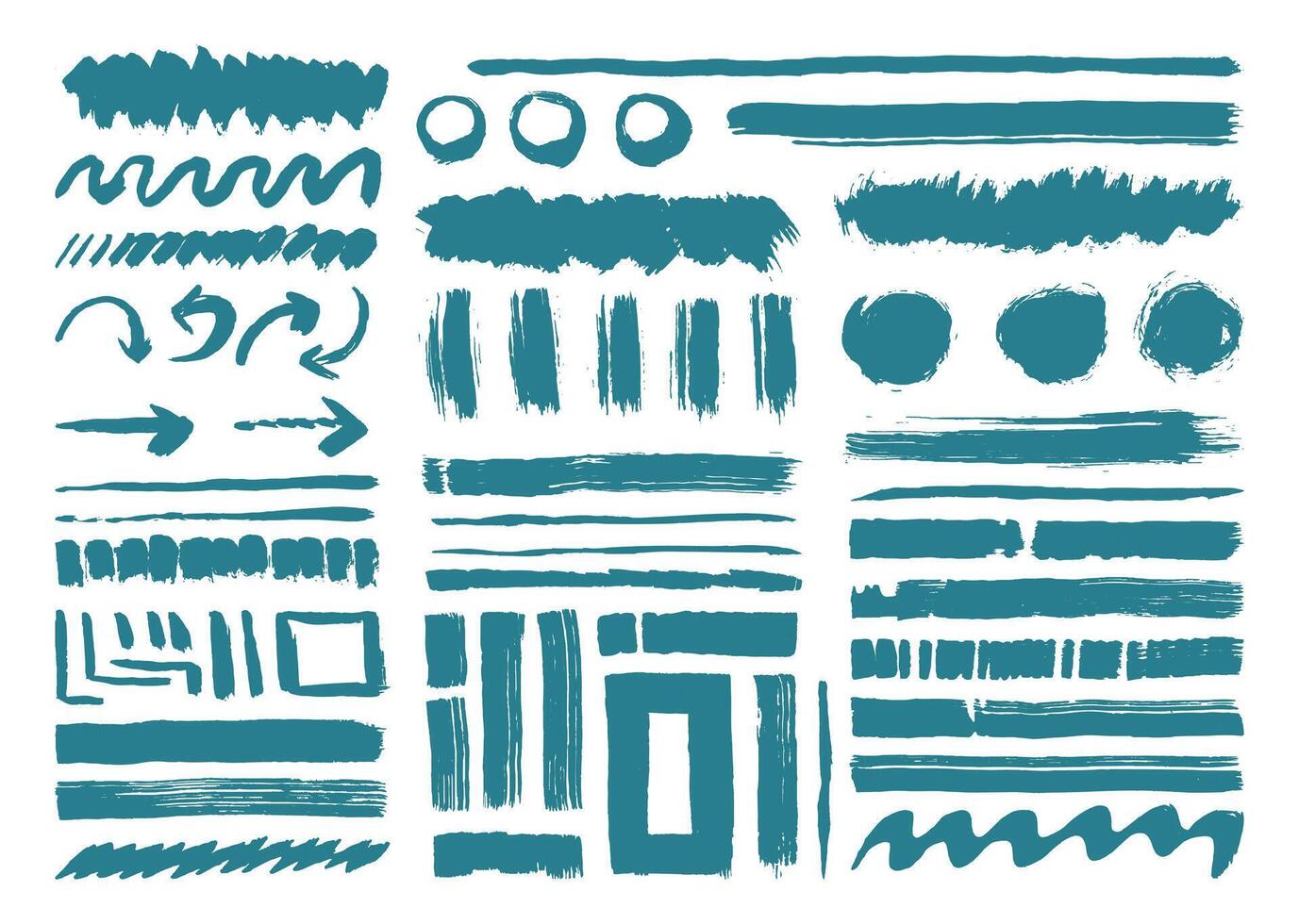 Brush strokes graphic element set. Artistic brushes template. Lines, circle, arrow, square, and wavy shapes stroke. vector
