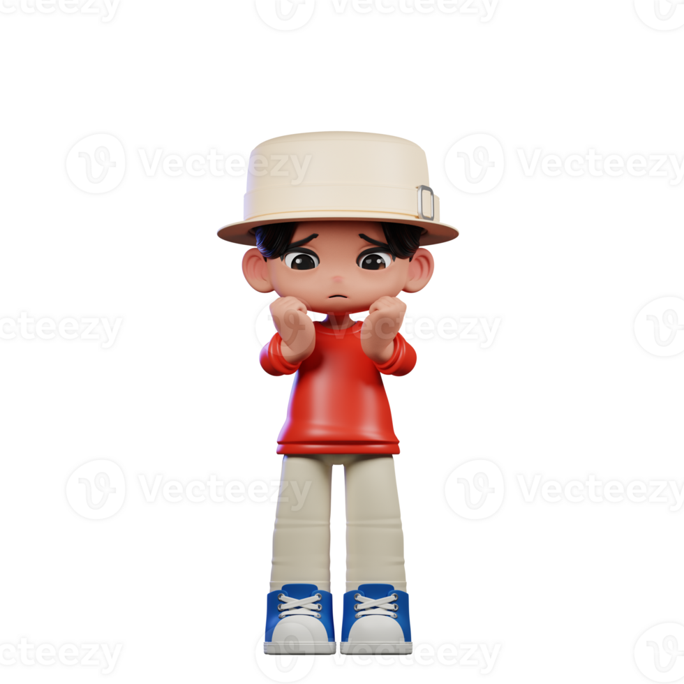 3d Cartoon Character with a Hat and Red Shirt Worried Pose png