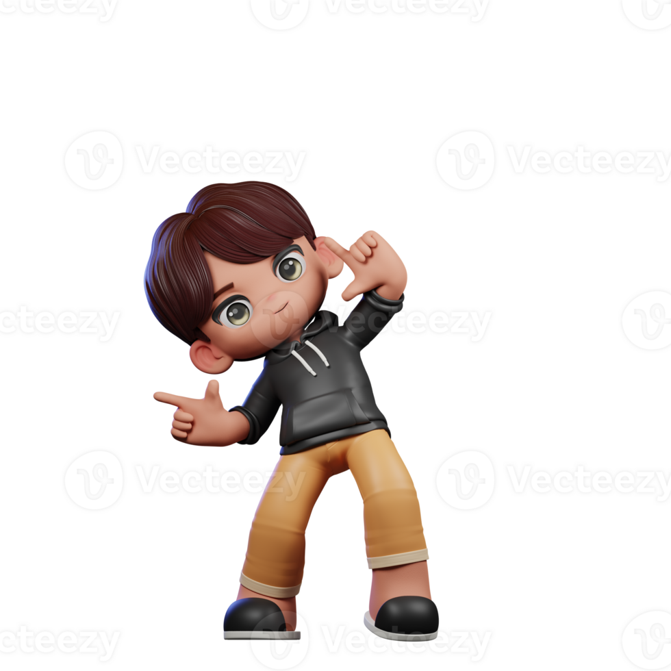 3d Cartoon Boy with Brown Hair and Black Jacket Pointing Right Pose png