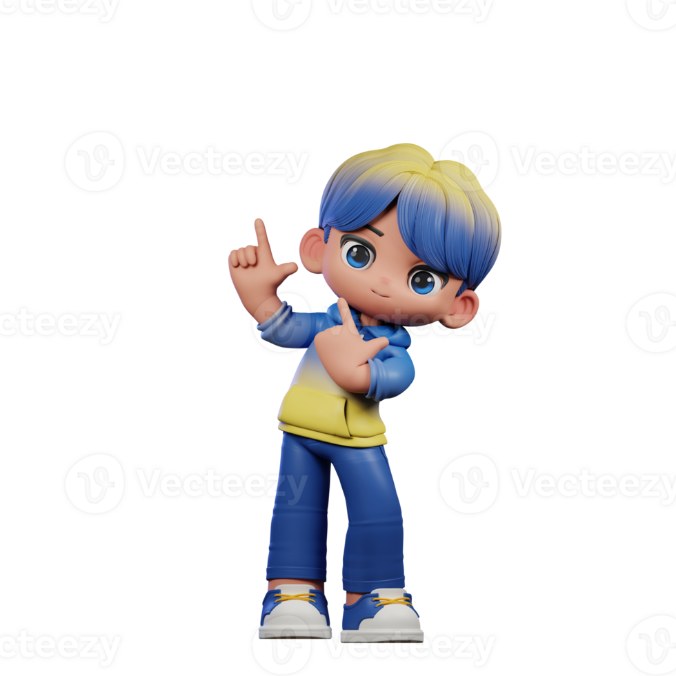 3d Cartoon Character with a Blue Shirt and Yellow Pants Pointing Up Pose png