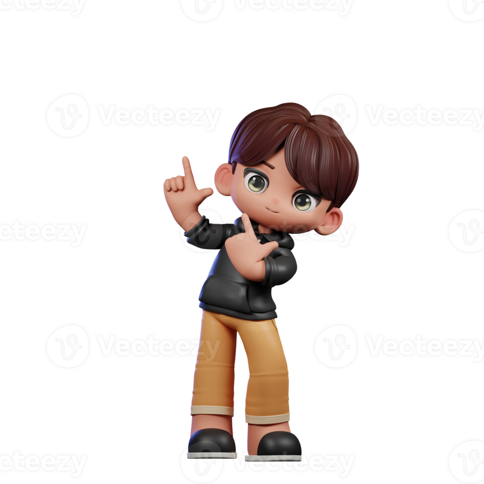 3d Cartoon Boy with Brown Hair and Black Jacket Pointing Up Pose png