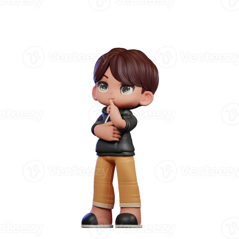 3d Cartoon Boy with Brown Hair and Black Jacket Thinking Deeply Pose png