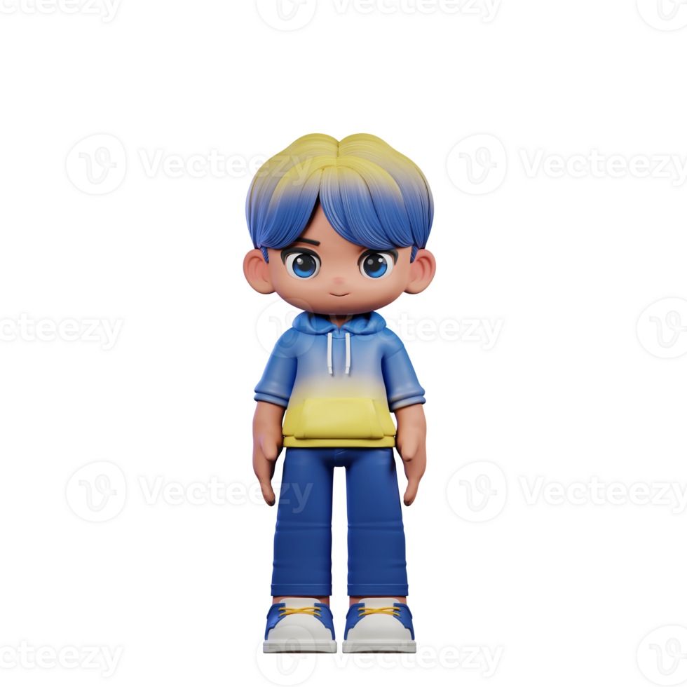3d Cartoon Character with a Blue Shirt and Yellow Pants Standing Cool Pose png