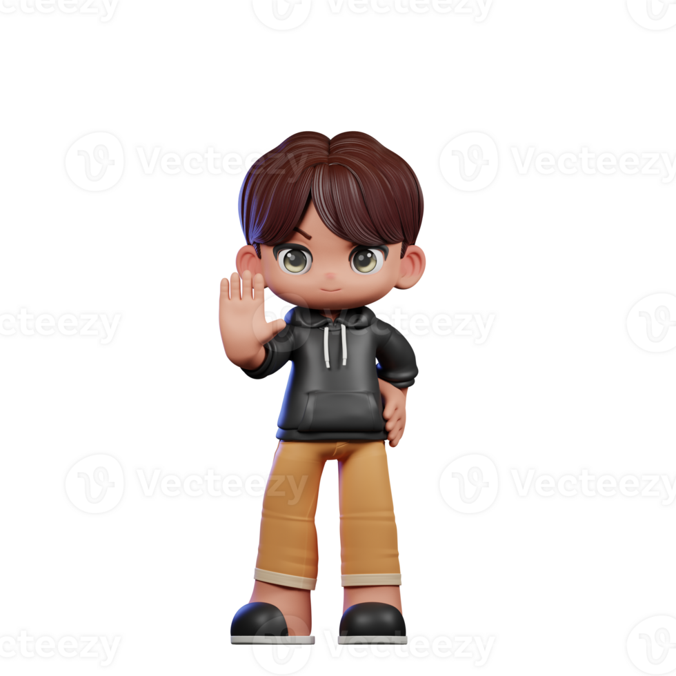 3d Cartoon Boy with Brown Hair and Black Jacket Doing Stop Sign Pose png
