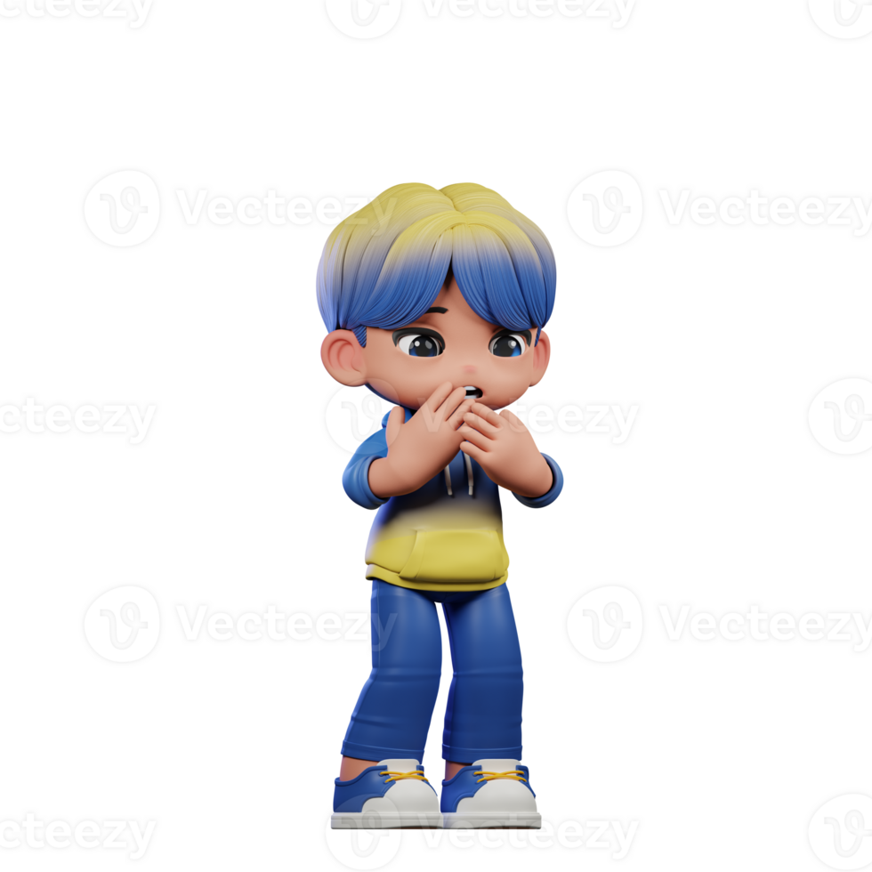 3d Cartoon Character with a Blue Shirt and Yellow Pants Afraid Pose png