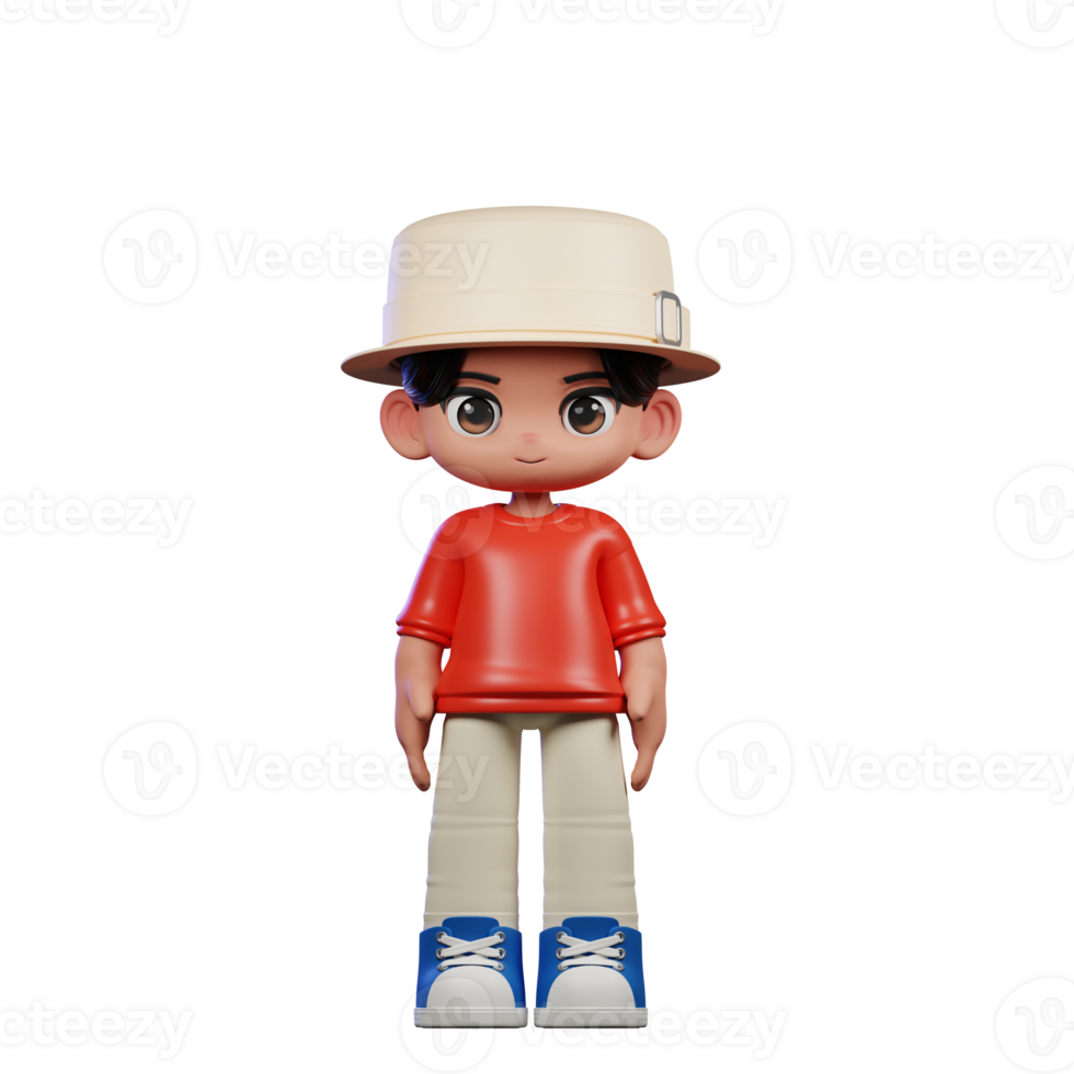 3d Cartoon Character with a Hat and Red Shirt Standing Cool Pose png