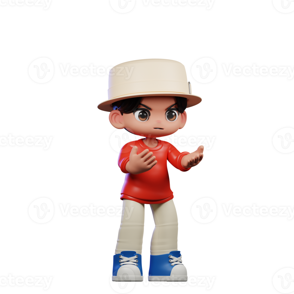 3d Cartoon Character with a Hat and Red Shirt Angry Pose png