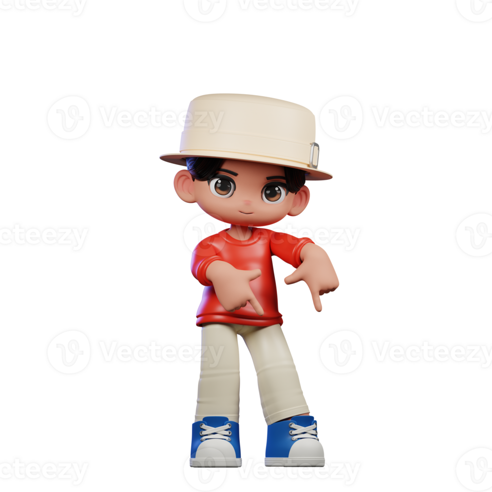 3d Cartoon Character with a Hat and Red Shirt Pointing Down Pose png