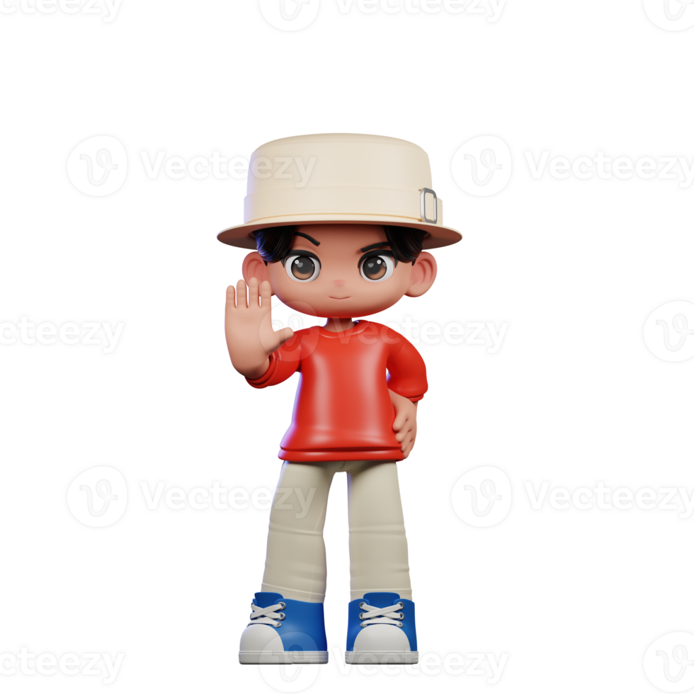 3d Cartoon Character with a Hat and Red Shirt Doing Stop Sign Pose png