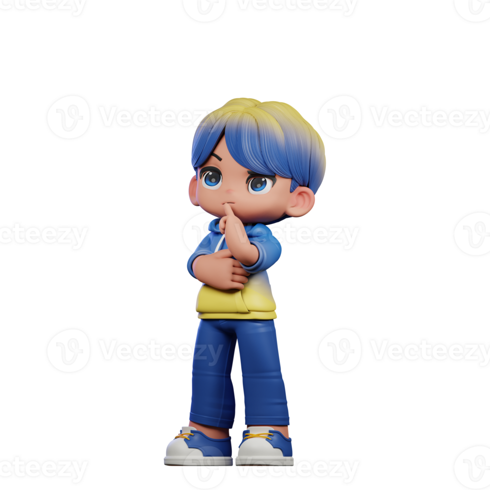 3d Cartoon Character with a Blue Shirt and Yellow Pants Thinking Deeply Pose png