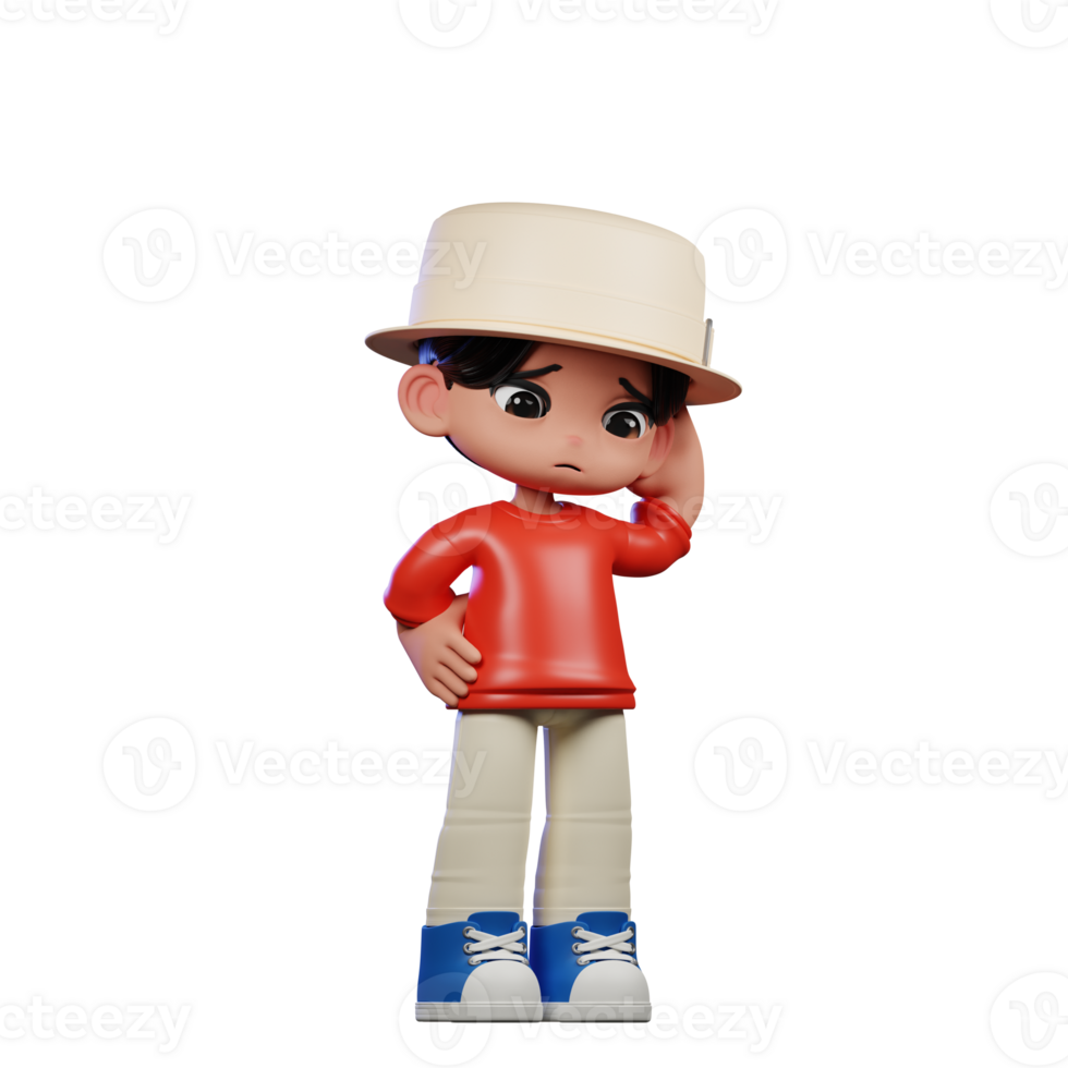 3d Cartoon Character with a Hat and Red Shirt Worry Pose png