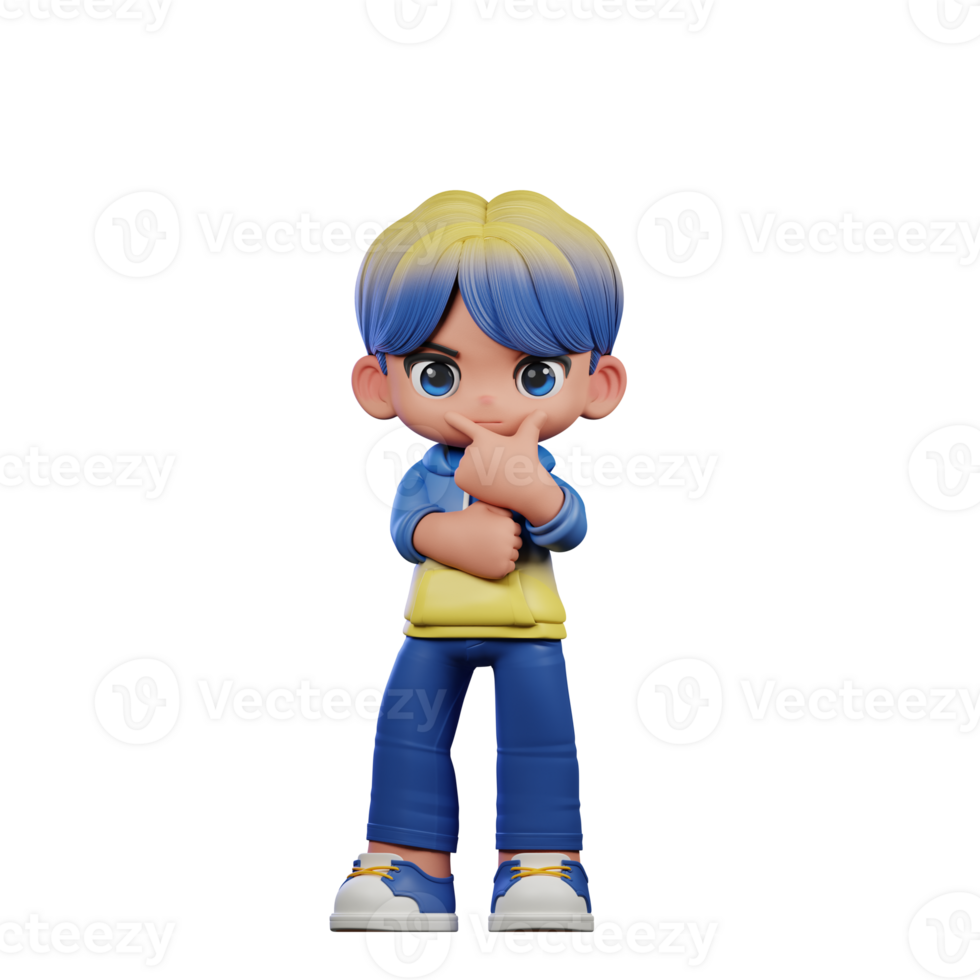 3d Cartoon Character with a Blue Shirt and Yellow Pants Doing Curious Pose png