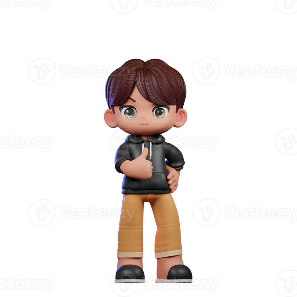 3d Cartoon Boy with Brown Hair and Black Jacket Showing Thumbs Up Pose png
