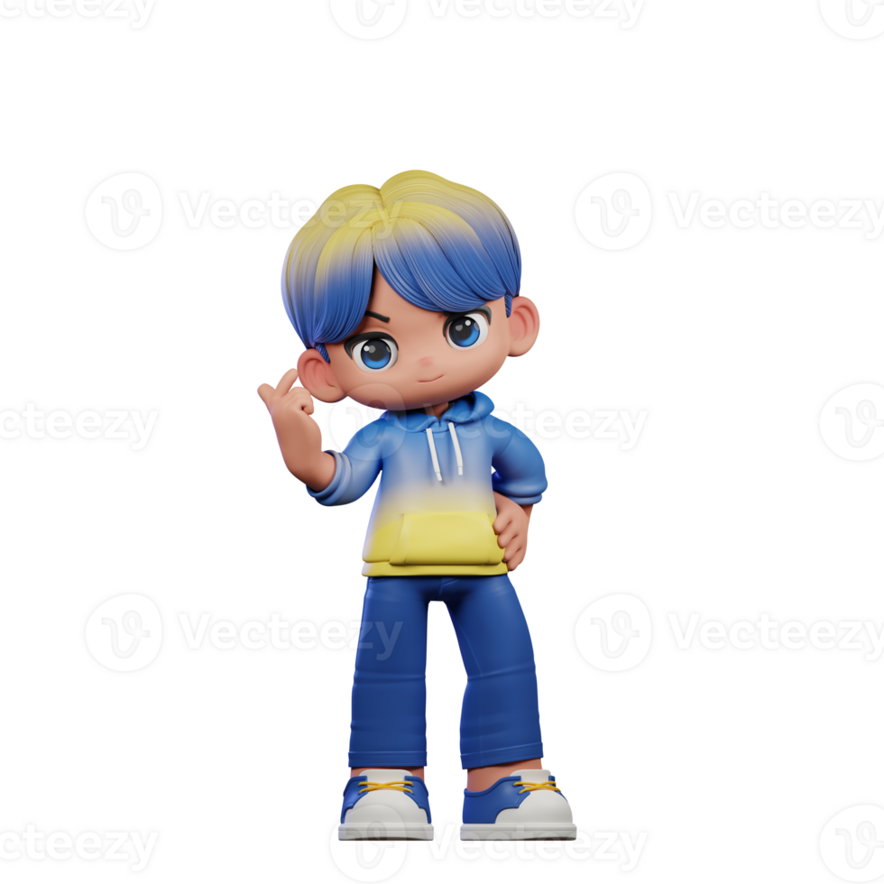 3d Cartoon Character with a Blue Shirt and Yellow Pants Giving Love Sign Pose png