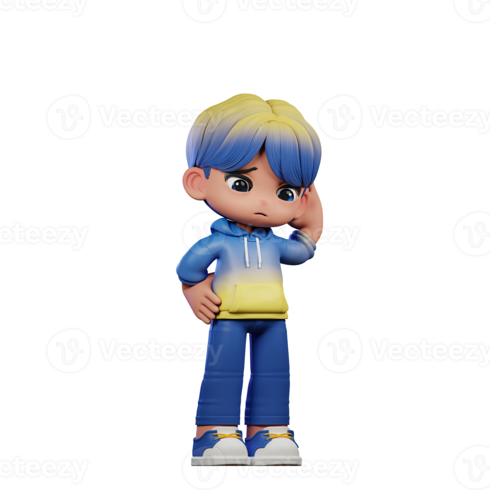 3d Cartoon Character with a Blue Shirt and Yellow Pants Worry Pose png