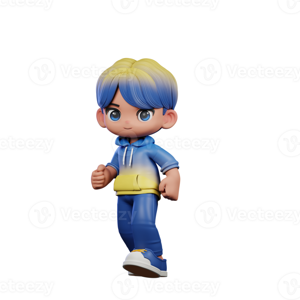 3d Cartoon Character with a Blue Shirt and Yellow Pants Walking Pose png