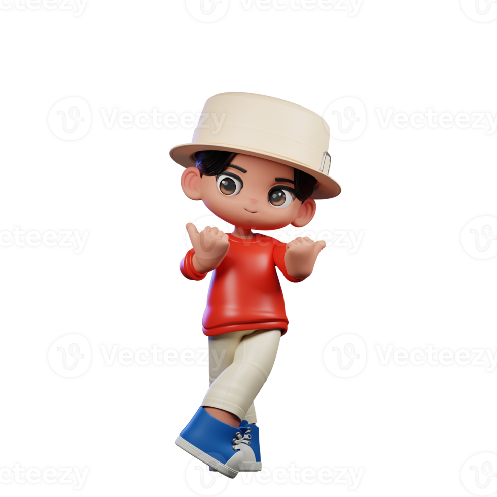 3d Cartoon Character with a Hat and Red Shirt Pointing at Side Pose png