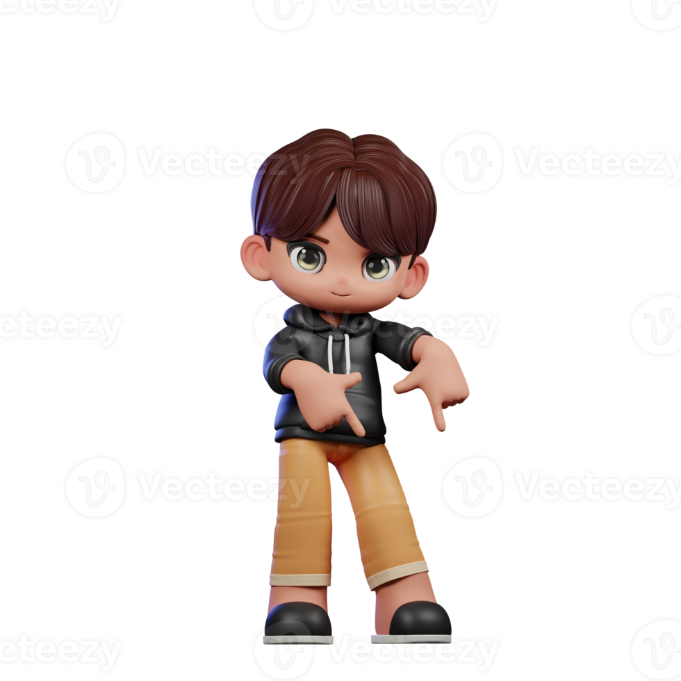 3d Cartoon Boy with Brown Hair and Black Jacket Pointing Down Pose png