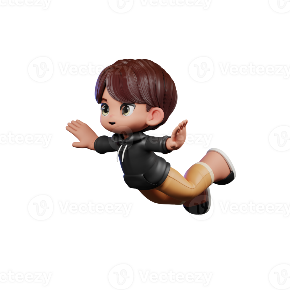 3d Cartoon Boy with Brown Hair and Black Jacket Flying Pose png