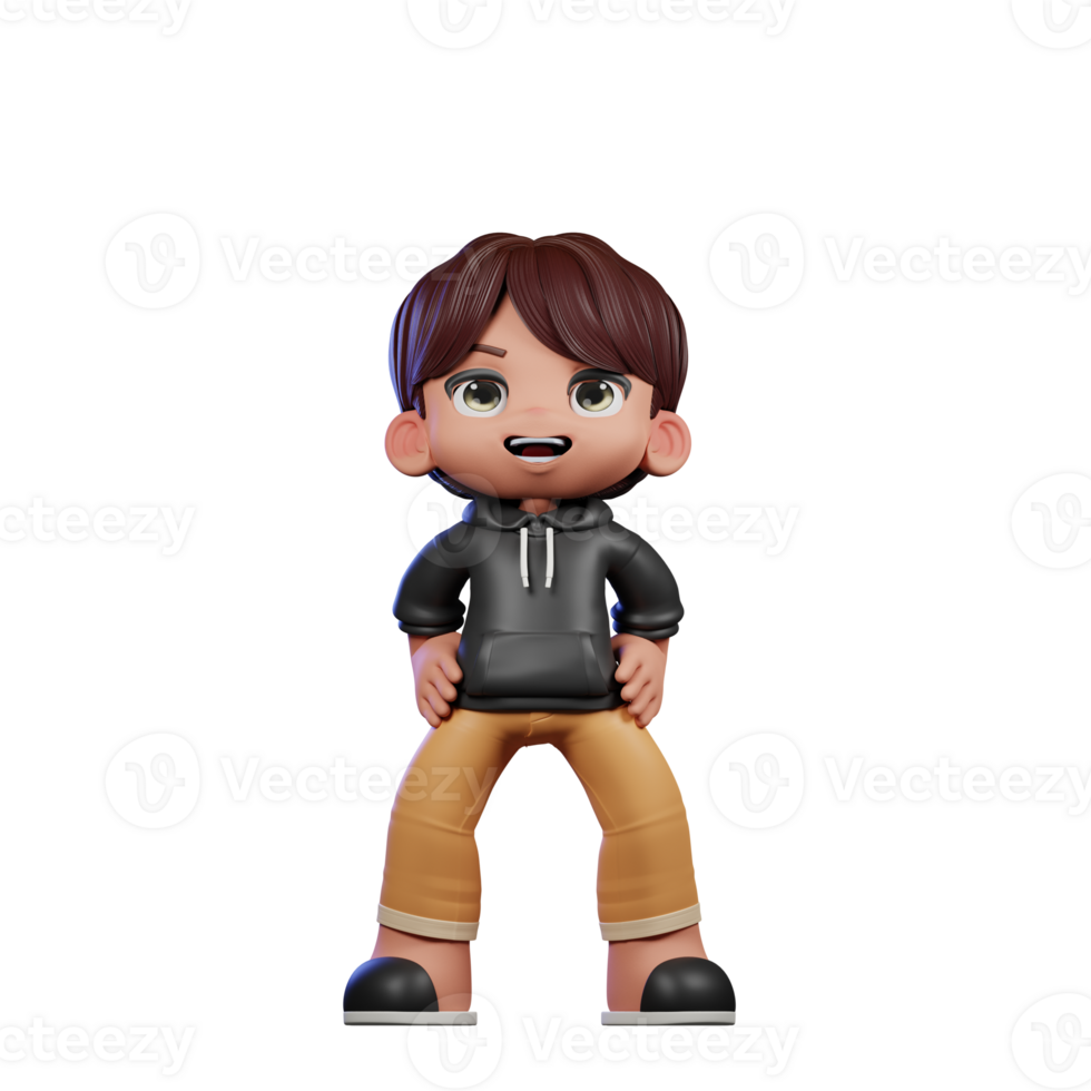 3d Cartoon Boy with Brown Hair and Black Jacket Standing Laugh Pose png