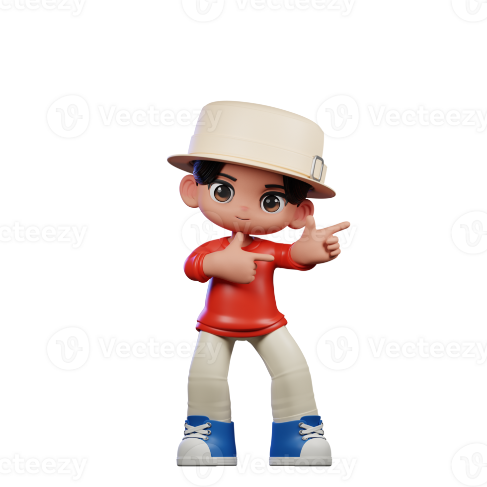 3d Cartoon Character with a Hat and Red Shirt Pointing Left Pose png