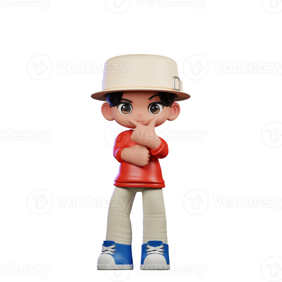 3d Cartoon Character with a Hat and Red Shirt Doing Curious Pose png